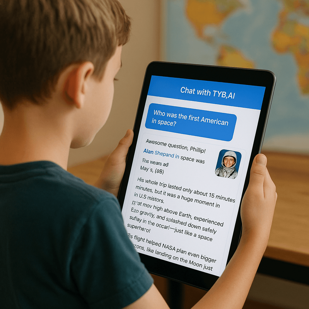 Child viewing personalized history explanation on tablet