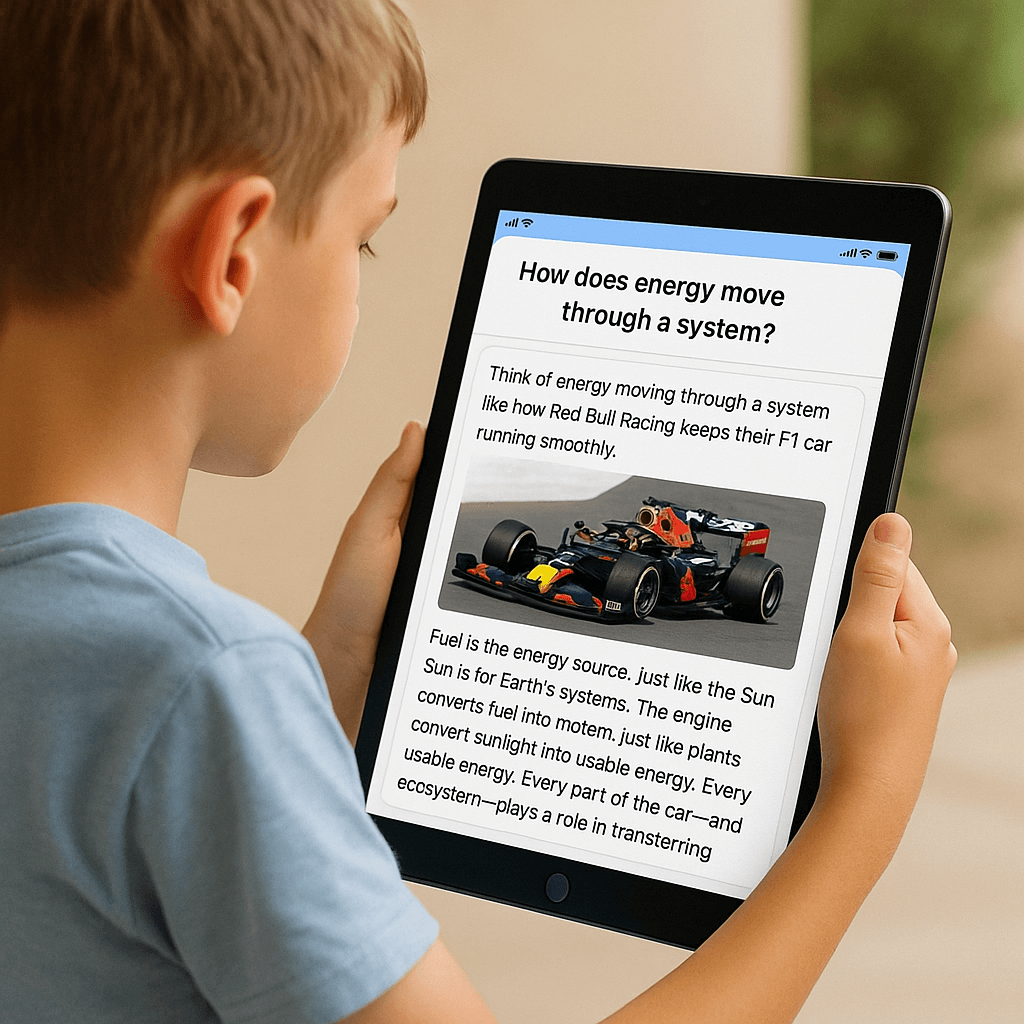 Child viewing personalized science explanation on tablet
