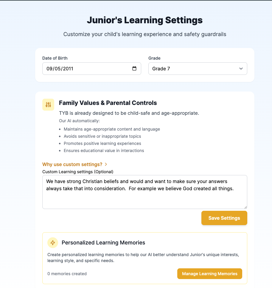 Parent adjusting child settings in TYB