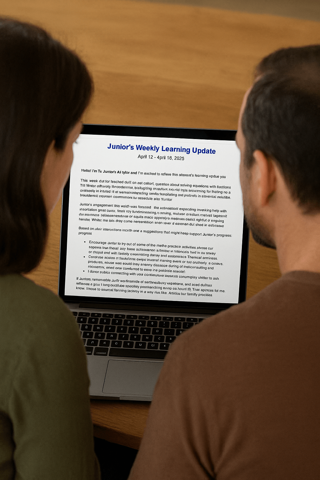 Parents reading weekly email report on laptop